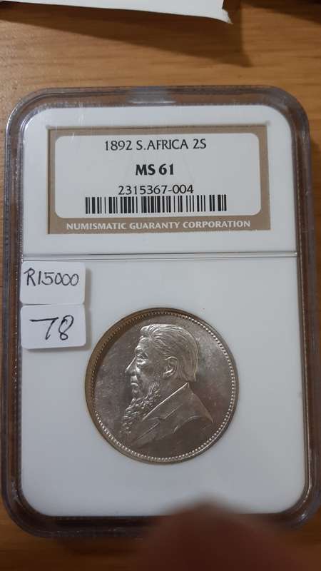 ZAR KRUGER 2 SHILLINGS 1892 MS61 NGC